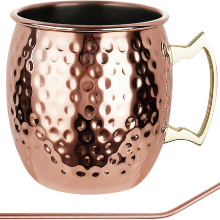 KINGHoff Moscow Mule Bekerset – 2 Koperen Bekers 500 ml + 2 Metalen Rietjes – RVS Binnenzijde – Hammered Design – Ideaal voor Cocktails & Iced Drinks