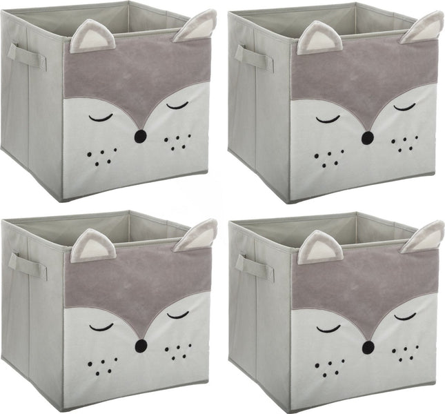 Atmosphera Opbergmand/kastmand vos - 4x - voor kinderen - karton/kunststof - grijs - 30 x 30 cm