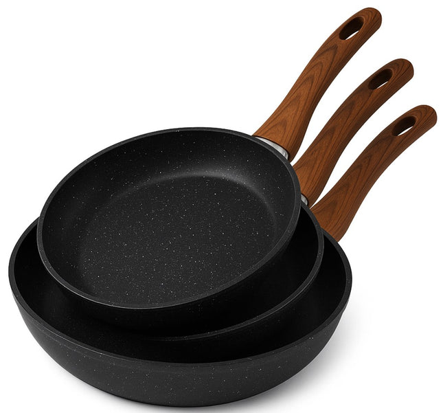3-delige Koekenpannenset – Ø20/24/28 cm – Marmercoating met Hittebestendige Houten Look Handgrepen – Geschikt voor Alle Warmtebronnen