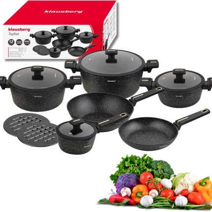 Klausberg KB-7968 Pannenset | 12-Delig | Marmer Anti-aanbaklaag | Inclusief Wok Pan | Geschikt voor Inductie | Pannen set | Glazen dekels