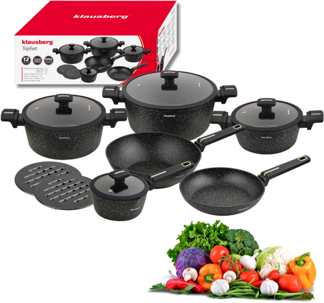 Klausberg KB-7968 Pannenset | 12-Delig | Marmer Anti-aanbaklaag | Inclusief Wok Pan | Geschikt voor Inductie | Pannen set | Glazen dekels