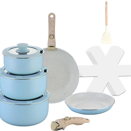 15-delige Luxe Pannenset – Lichtblauw – Ultra Non-stick – Met 2 Handgrepen, Panbeschermers & Siliconen Spatel