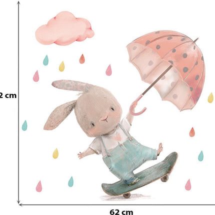 SIPO Wandsticker Konijn met Paraplu - 62x62 cm - Kinderkamer Muurdecoratie - Zelfklevende Muursticker - 1 Stuk - Muursticker - Babykamer - Kinderkamer