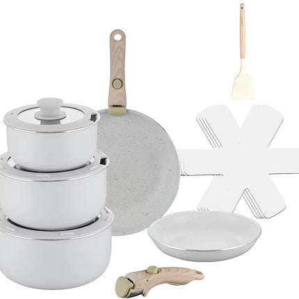 15-delige Luxe Pannenset – Elegant Wit – Ultra Non-stick – Met 2 Afneembare Houten Handgrepen, Panbeschermers & Siliconen Spatel