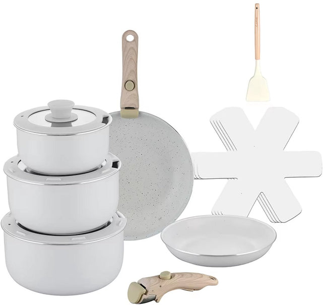 15-delige Luxe Pannenset – Elegant Wit – Ultra Non-stick – Met 2 Afneembare Houten Handgrepen, Panbeschermers & Siliconen Spatel