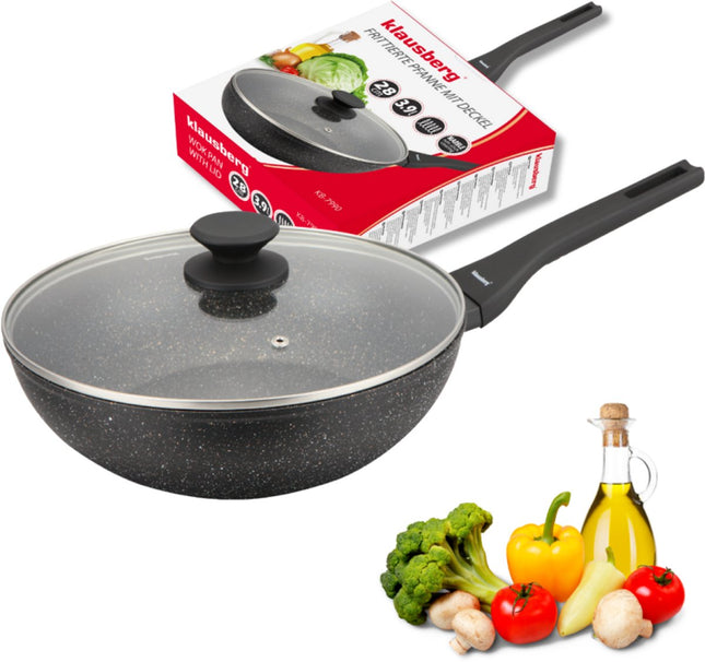 Klausberg Wokpan 28 cm met Deksel – Marble Anti-aanbaklaag – 3.9L – Inductie Geschikt – Aluminium Wok – Met Glazen Deksel – KB-7990