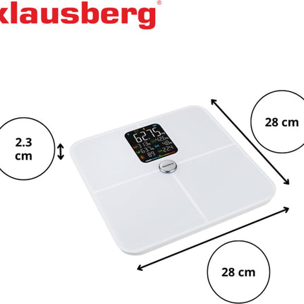 Klausberg KB-7941 Slimme Personenweegschaal – Wit – 180 kg – Lichaamsanalyse BIA – Bluetooth – Vetpercentage, Spiermassa & BMI – Tempered Glass