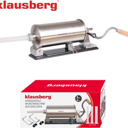 Klausberg KB-7928 Horizontale Worstvuller | 3 kg Capaciteit | RVS | Met Klemmen en Zuiger | Vleesvuller | Worstmaker