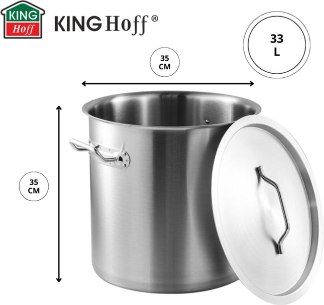 KINGHoff Kookpan 35 cm Ø, 33 Liter - RVS Stoofpan met Dikke Bodem ook voor Inductie - Professionele Pan voor Grote Hoeveelheden - Alle warmtebronnen