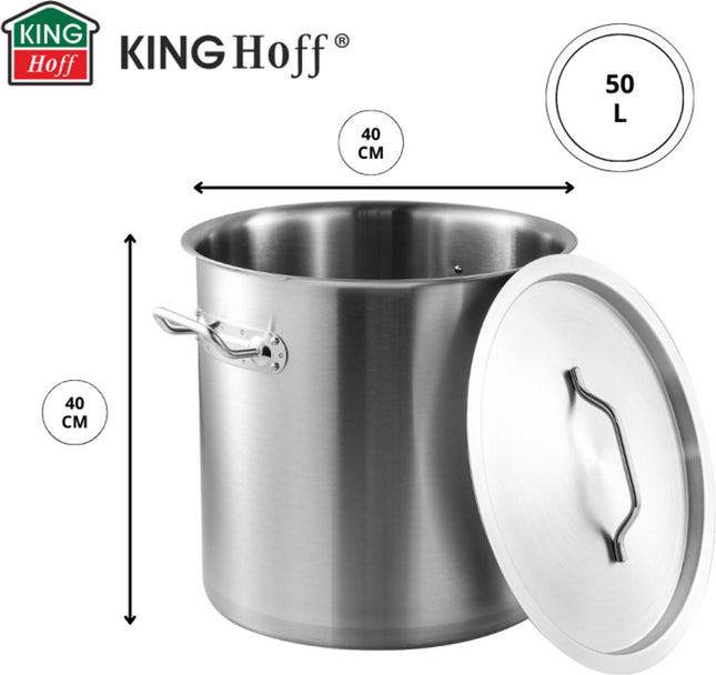 KINGHoff Kookpan 40 cm Ø, 50 Liter - RVS Professionele Stoofpan voor Horeca - Geschikt voor alle warmtebronnen inclusief inductie