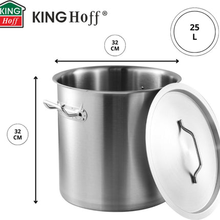 KINGHoff Kookpot 25 Liter - RVS Steel - Ø32 cm - Geschikt voor Inductie - Inclusief Deksel - Professionele Soeppan voor Grote Hoeveelheden - 25L