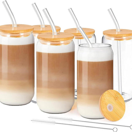 Drinkglazen met deksel en rietje set van 6 - Ideaal voor water, cocktail, whiskey, frisdrank - 500ml iced coffee glas - Blikvormige glazen bekers - Beer Can cocktailglazen Ice mold