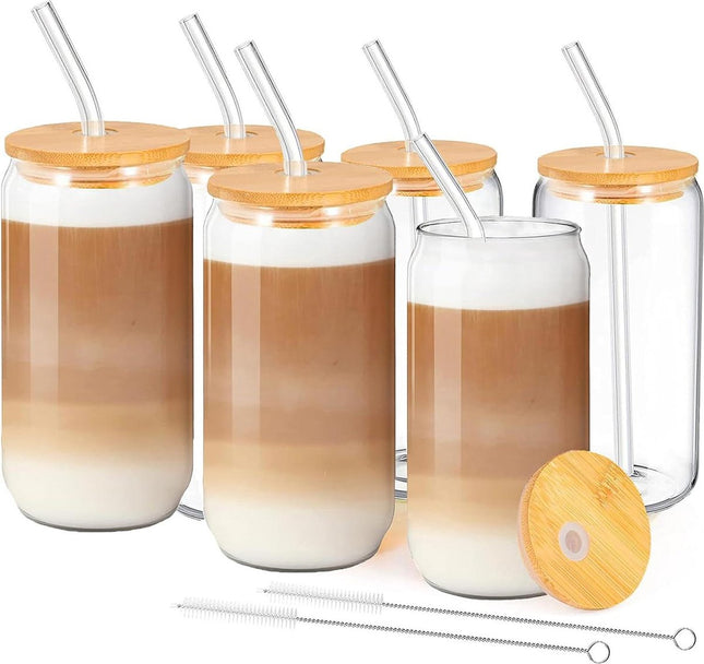 Drinkglazen met deksel en rietje set van 6 - Ideaal voor water, cocktail, whiskey, frisdrank - 500ml iced coffee glas - Blikvormige glazen bekers - Beer Can cocktailglazen Ice mold