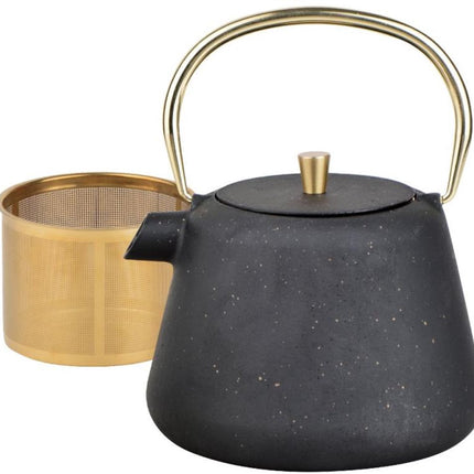 Kinghoff Gietijzeren Theepot met Zeef - 1 Liter - Zwart met Gouden Accenten - Model KH1932