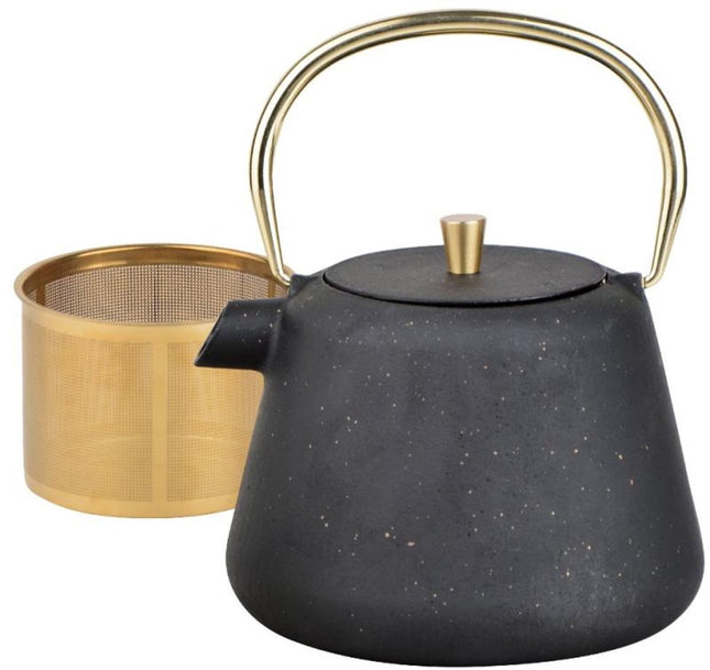 Kinghoff Gietijzeren Theepot met Zeef - 1 Liter - Zwart met Gouden Accenten - Model KH1932