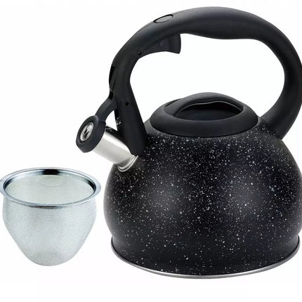 Kinghoff Waterkoker met Zeef - Roestvrij Staal 1.2L - Zwart Marmer Design - Geschikt voor Alle Kookplaten Inclusief Inductie - Theepot - Fluitketel