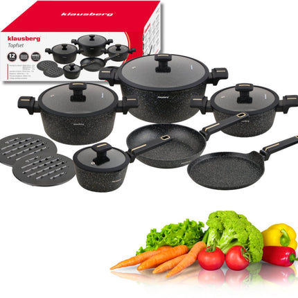 Klausberg Pannen Set 12 Delig - Zwarte Marmer Anti-Aanbaklaag - Geschikt voor Inductie - Inclusief Pannen en Deksels - KB-7966 - Pannenset - Kookset -