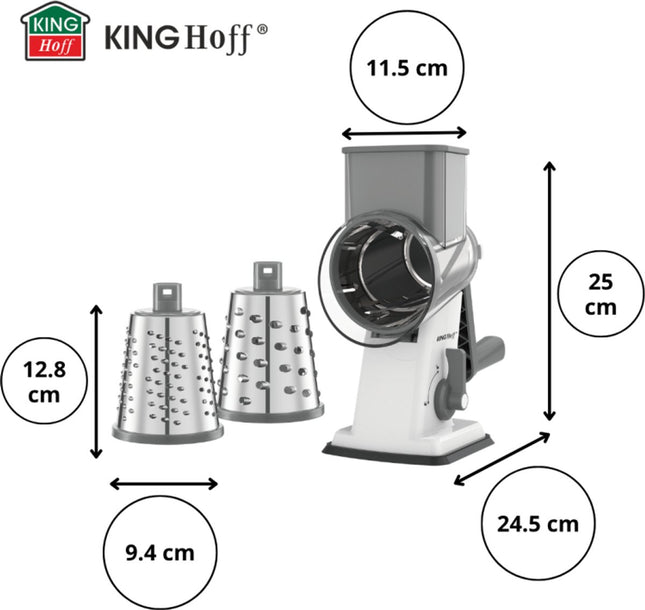 KINGHOFF Draaiende Rasp - 3-in-1 Rasp met Verwisselbare Drums - RVS Bladen - Zuignap - Grijs - KH-1959