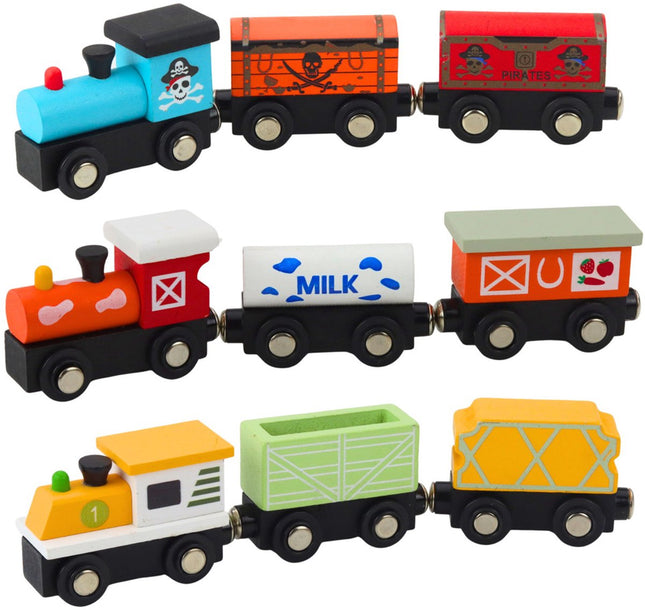 Houten Trein Speelgoed Magnetisch - 3 Locomotieven + 6 Wagens met Opbergdoos - Compatibel met Houten Spoor