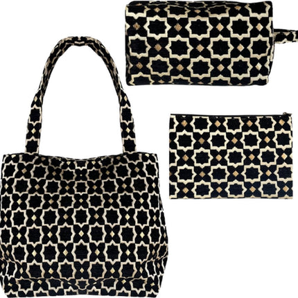 Set van 3 Luxe Handgemaakte Marokkaanse Tassen - Shopper, Toilettas & Make-uptas met Zellig en Geometrische Patronen - Zwart