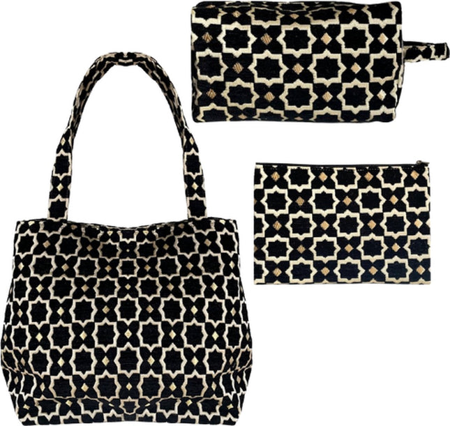 Set van 3 Luxe Handgemaakte Marokkaanse Tassen - Shopper, Toilettas & Make-uptas met Zellig en Geometrische Patronen - Zwart