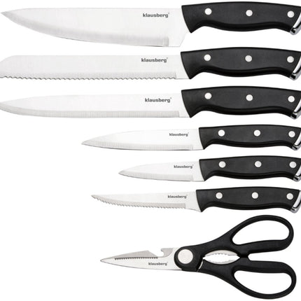 Klausberg KB-7985 13 Delig Messenset - Zwart Messenblok met Slijpstaaf - 6 Stekmessen Inclusief - Messenset met Blok - O.a. Broodmes, Koksmes, Vleesmessen en Schaar