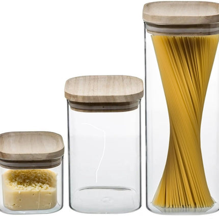 Set van 3 voorraadbussen/voorraadpotten glas met houten deksel - 500 ml - 1000 ml - 1800 ml - Voorraadpotten met luchtdichte deksel