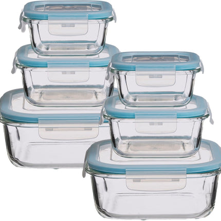 5Five Vershoudbakjes met deksel - glas - set 6x stuks - 330/530/1180 ml - luchtdicht - met clips