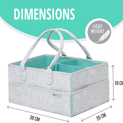 SIPO Luier Organizer Tas - Opbergmand voor Baby Accessoires - Grijze Felt Caddy met Handvat - 3 Vakken + 8 Zakken - Grijs / Mint - Commode Tas - Commode Organizer