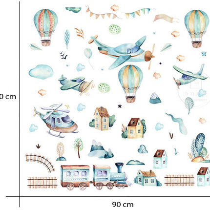 Wandsticker Vliegtuigen en Luchtballonnen - Zelfklevende Muurdecoratie voor Kinderkamer - 90x90 cm - Vliegtuig Wandsticker voor Jongenskamer en Kinderdagverblijf