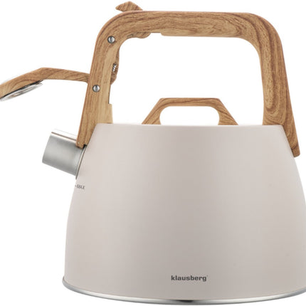 Klausberg 7917 - Fluitketel met fluit - 2.5 liter - RVS - beige - houten handvat
