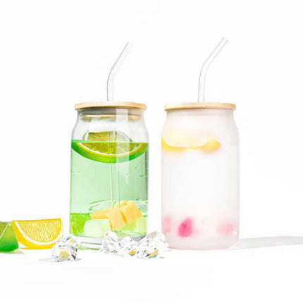 Duurzame Glazen met Bamboe Deksels en Glazen Rietjes – Set van 2 – Incl. Schoonmaakborstels – Geschikt voor Iced Coffee & Bubble Tea