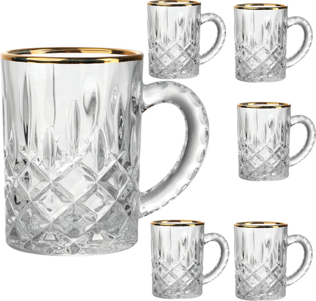 Luxe Glazen gouden rand met oortje - set van 6-Layla glas-Gold glazen-Decorini theeglazen-mooie glazen met oor-Theebekers met gouden rand