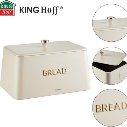 KINGHOFF Broodtrommel - Brooddoos - 35x23x21 cm - Beige met Gouden Details - Metaal & Bamboe - Hygienisch & Eenvoudig Schoonmaken - Broodbak