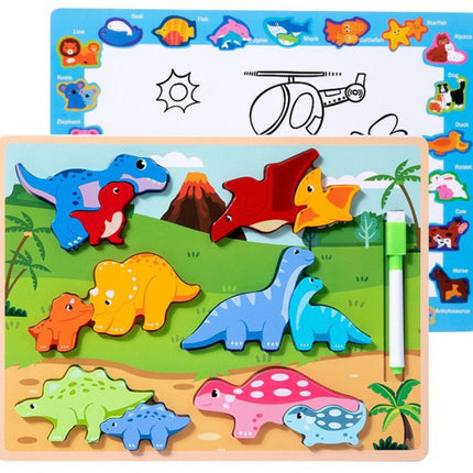 Houten Educatieve Dinosaurus Puzzel Bord 2-in-1 - Met Tekenbord en Uitwisbare Stift - 12 Delen - Puzzel en Teken Bord - 2 in 1 - Whiteboard