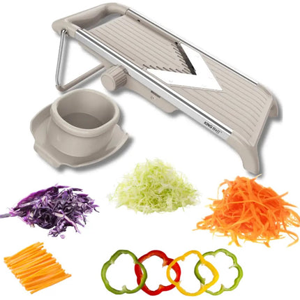 KINGHOFF KH-2006 Groentesnijder – V-Blade Mandoline met Julienne 5 mm – Instelbare Dikte – RVS Mes – Inclusief Veiligheidshouder – Beige