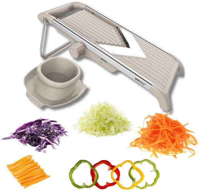 KINGHOFF KH-2006 Groentesnijder – V-Blade Mandoline met Julienne 5 mm – Instelbare Dikte – RVS Mes – Inclusief Veiligheidshouder – Beige