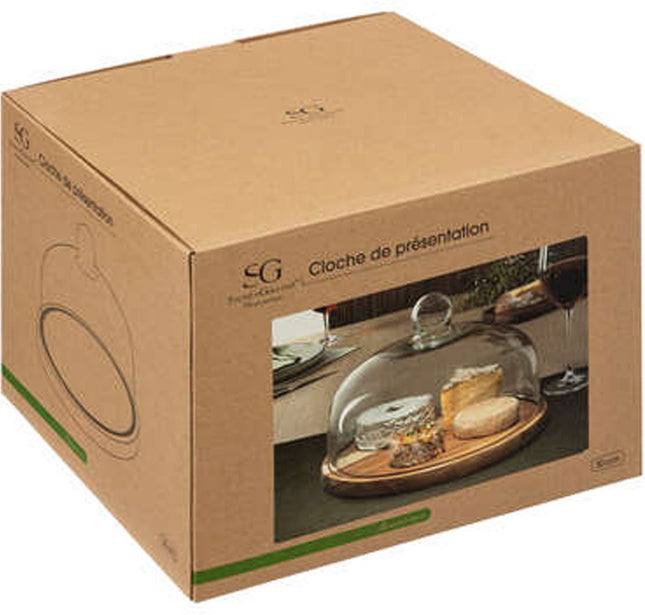 Secret de Gourmet dienblad met glazen stolp - acacia hout - 30 cm - serveerplank/kaasplank/cake platter - rond