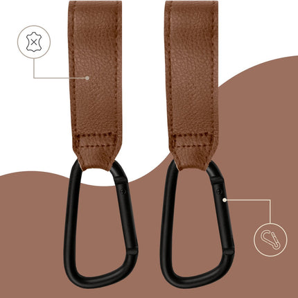 Sipo SCA-11 Universele Wagenhaakjes - Set van 2 Stuks - Bruin Eco Leren Design - Maximaal 5 kg Draagkracht - Kinderwagen Boodschappenhaak -