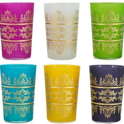 Gekleurde Marokkaanse Theeglazen met traditionele gouden patronen (pak van 6 glazen)