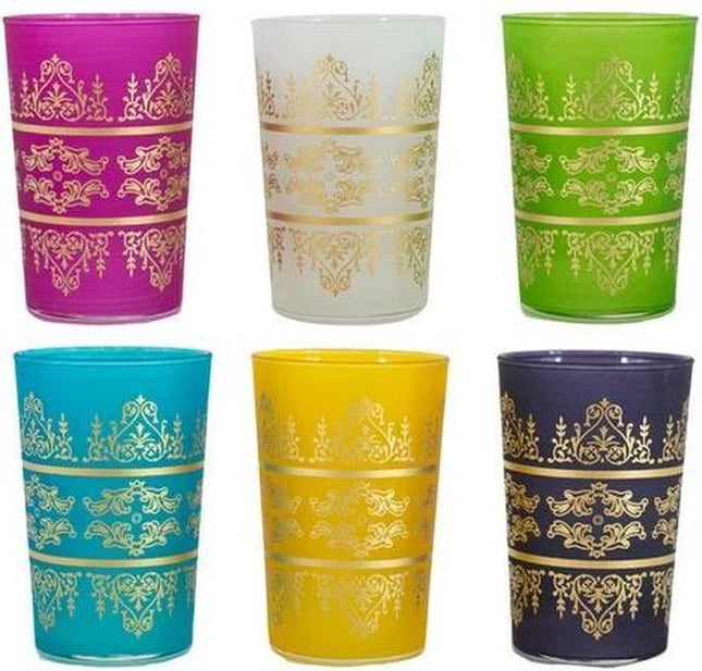 Gekleurde Marokkaanse Theeglazen met traditionele gouden patronen (pak van 6 glazen)