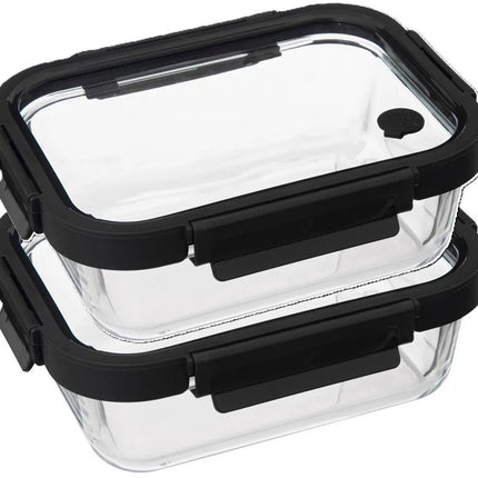 5Five Vershoudbakje met deksel - 2x - glas - luchtdicht - met clips - 21 x 17 x 7 cm - 900 ml - zwart/transparant