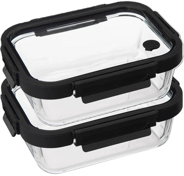 5Five Vershoudbakje met deksel - 2x - glas - luchtdicht - met clips - 21 x 17 x 7 cm - 900 ml - zwart/transparant