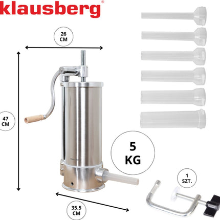 Klausberg KB-7927 Verticale Worstvuller | 5 kg Capaciteit | RVS | Professioneel | Met 6 Vullers | Vleesvuller