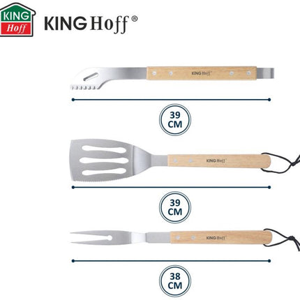 Kinghoff KH-1918 Barbecue Set 3-delig – RVS Grillset met Houten Handvatten – Tang, Spatel en Vork - Uiteraard ook geschikt voor Gasbarbecues , Kamado , Green egg en Weber.