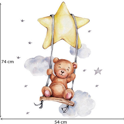 Sipo Wandsticker Beer op Schommel - Zelfklevende Muurdecoratie voor Kinderkamer - 74x54 cm - Schattige Beer Wandsticker voor Babykamer en Peuterruimte
