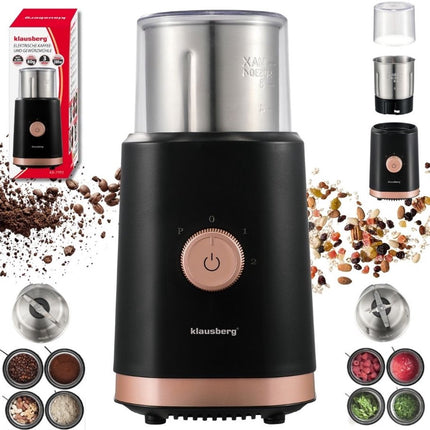 KLAUSBERG KB-7993 Elektrische 2-in-1 Koffie- en Kruidenmolen – 200W – RVS Bekers – Droog & Nat Malen – 3 Snelheden – 80g Capaciteit – beige/Koper