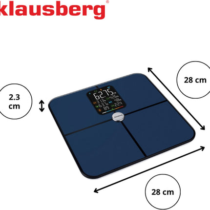 Klausberg KB-7940 Slimme Personenweegschaal – BIA Lichaamsanalyse – Bluetooth App – 180 kg – Donkerblauw – Vet%, Spiermassa, Hydratatie, BMI