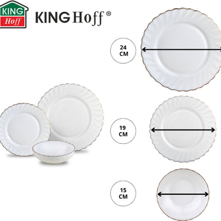 KINGHOFF Bordenset MARIGOLD - 18-delig - Wit met Gouden Rand - Opaal Glas - Dinerborden, Dessertborden & Soepkommen - Set voor 6 Personen