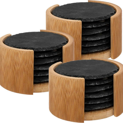 Secret de Gourmet Onderzetters voor glazen in rekje - 18x - antraciet - leisteen - 10 cm